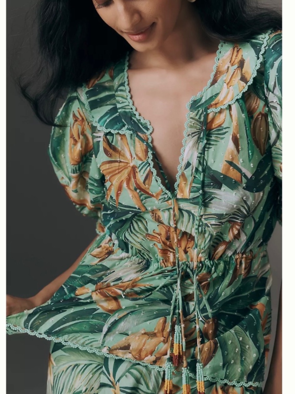 Farm Rio Puff-Sleeve Babydoll Blouse Green Tropical SZ L